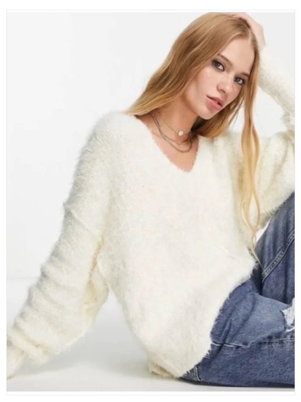 Free People Icing Fuzzy Knit Pullover Sweater Large Ivory V-Neck Oversized - Picture 5 of 15